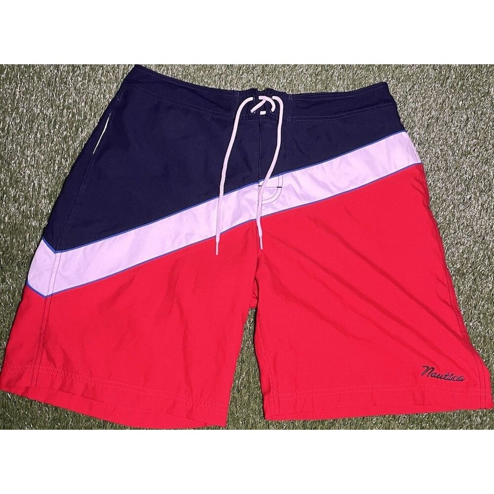 Nautica Board Shorts Colorblock Red Navy Men's 36 Elastic Waist Lined